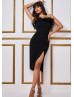 Black Feather Jersey Fitted Party Dress Midi Dress